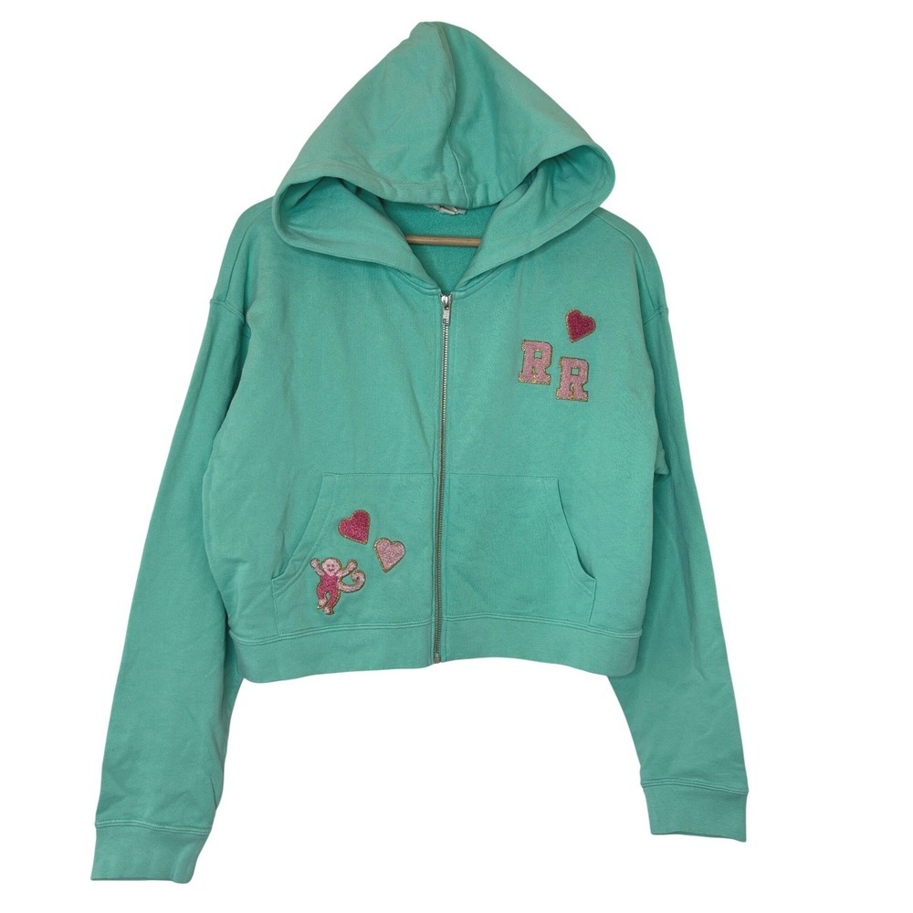 Roller Rabbit Mint Green Monkey Heart Chenille Patch Zip Up Cropped Hoodie S
